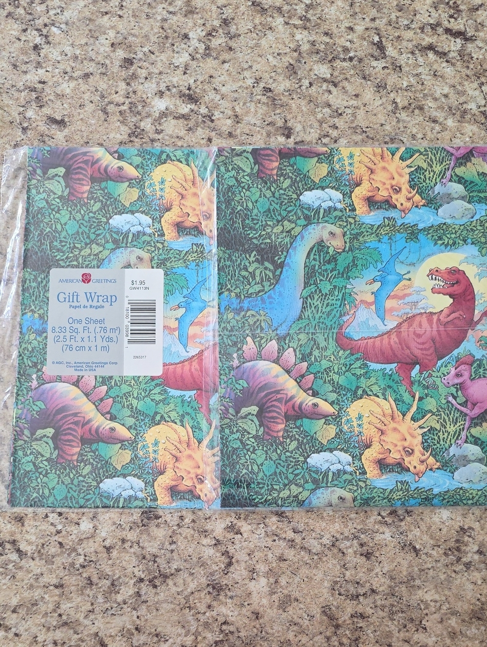 Vintage 1990's American Greetings Dinosaur Birthday Gift Wrap Lot Of 2 Unopened
